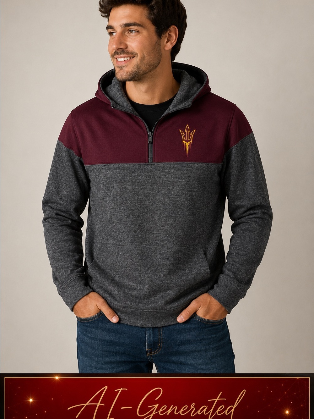 Colosseum Arizona State ASU Mens Hooded Sun Devils LKong Sleeve Pullover 1/4 zip